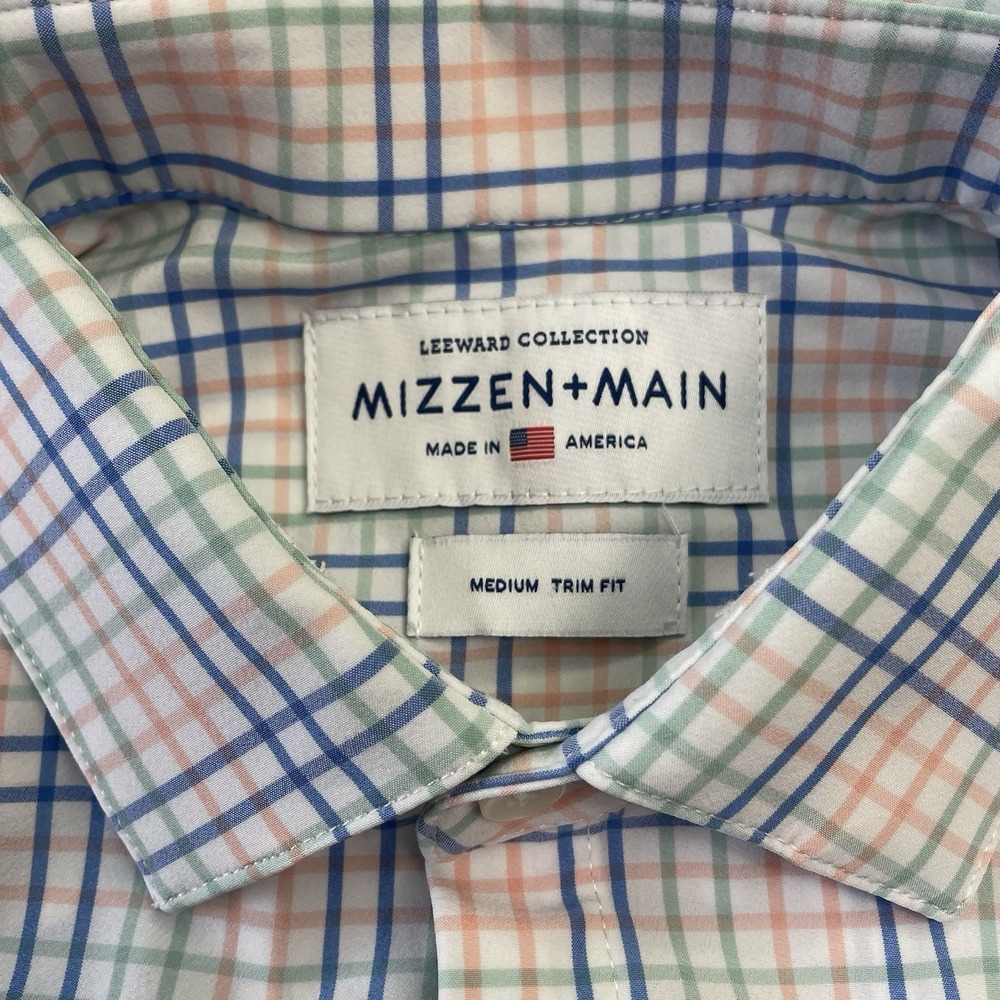 Mizzen Maim Button Leeward Mens Medium Plaid Green Orange Blue Long Sleeve